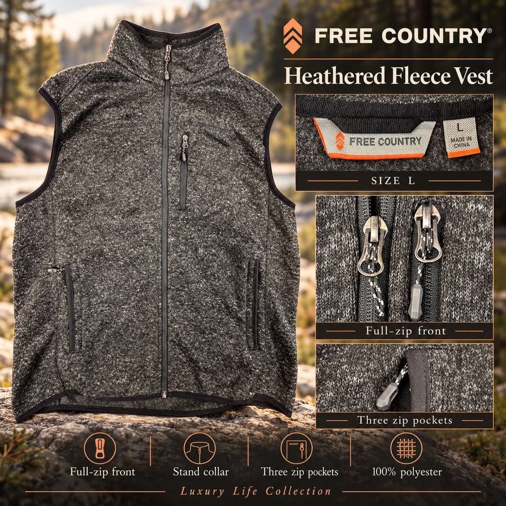 Free Country Mens Sweater Fleece Vest Charcoal Gray Full Zip Mock Neck Large